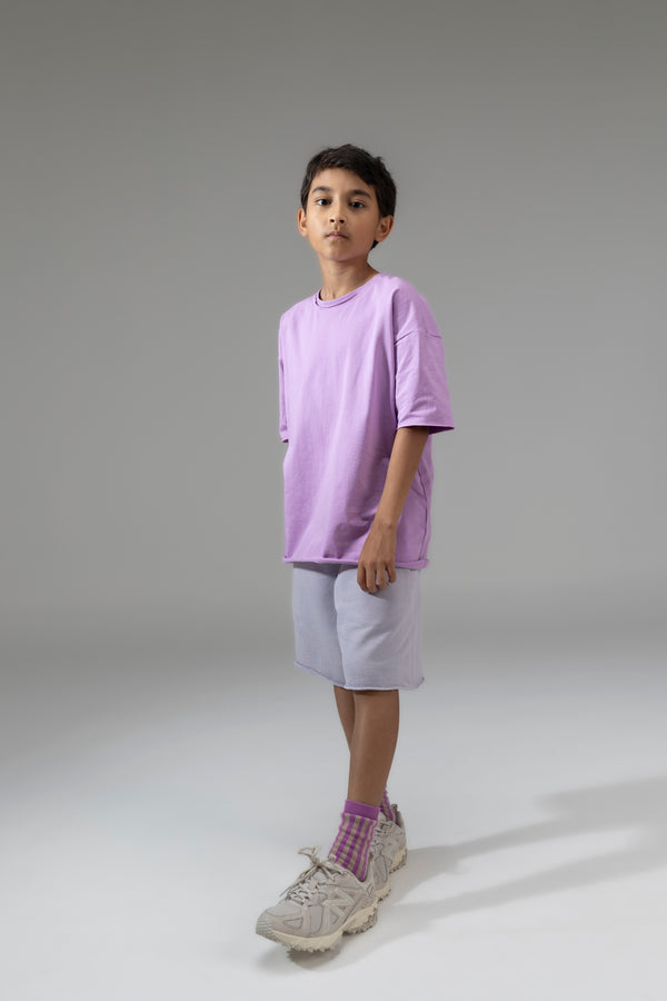 mingo mingokids Kinder Short Oversized Raindrops en Kinder T-shirt oversized violet. Beide van bio katoen