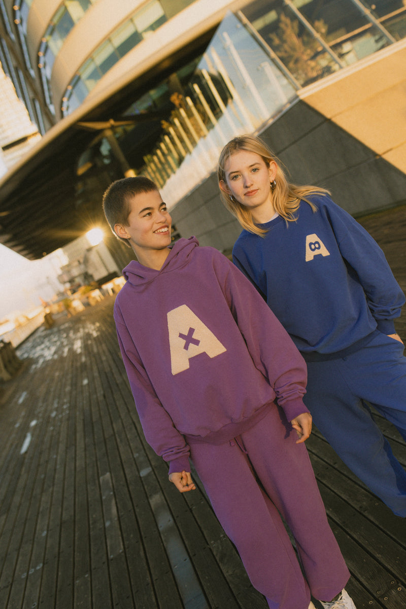 Sweater in de kleur Surf the web blauw, gemaakt van biologisch sweat. Hoody en Sweatpants in de kleur purple sapphire. ANTHI voor teens MINGO mingokids.