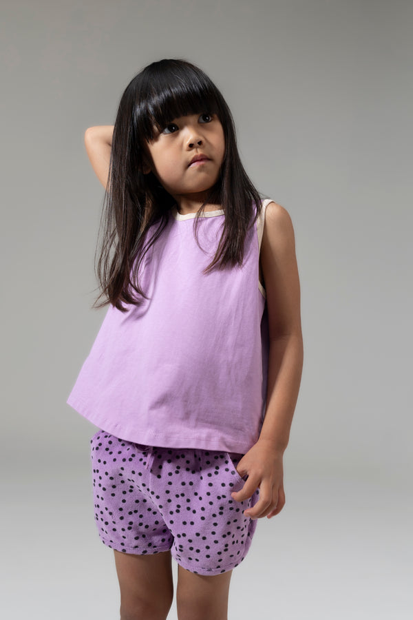 MINGO mingokids kinder hemdje in de kleur violet en kinder short in violet stip. Beide van bio katoen